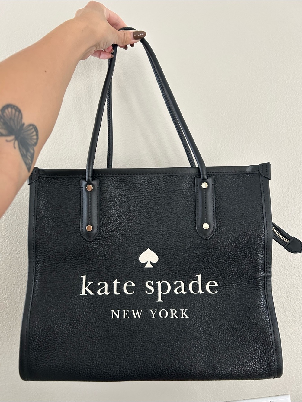 kate spade black leather logo tote with white print